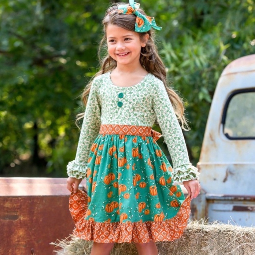 Eleanor Rose Green and Orange Pumpkin Print Girls Dress